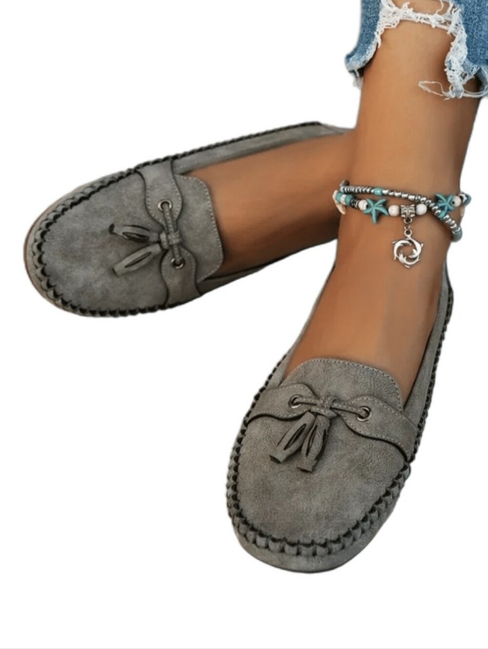 SHEIN Gray Suede Tie-Accent Women's Moccasin Loafers